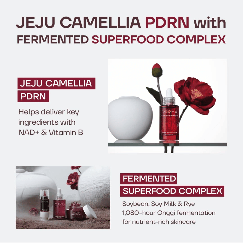2. MISSHA Camellia PDRN NAD+ Firming Repair Serum – serum med kamelia från Jeju och fermenterade ingredienser som soja och råg
