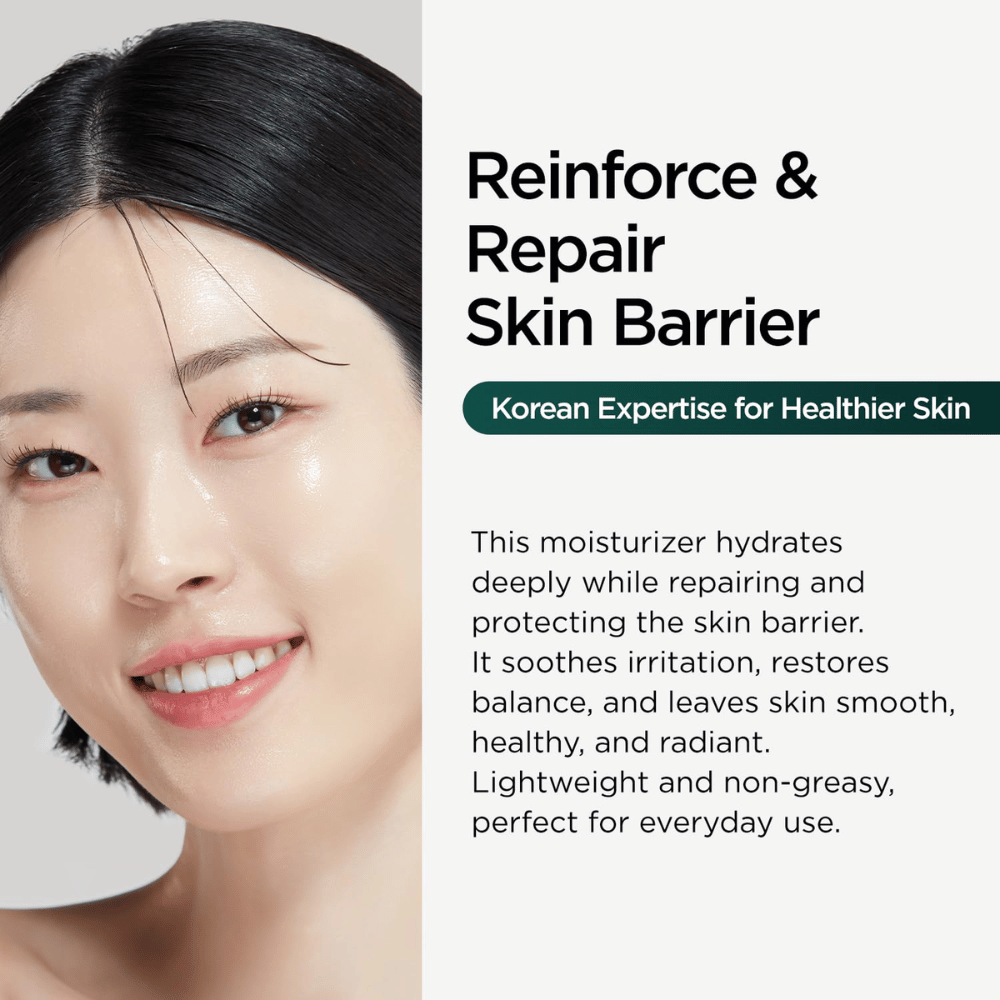 Närbild på en modell med återfuktad och glowig hud tillsammans med text om att produkten hjälper till att reparera och stärka hudbarriären samtidigt som huden hålls balanserad och mjuk.
