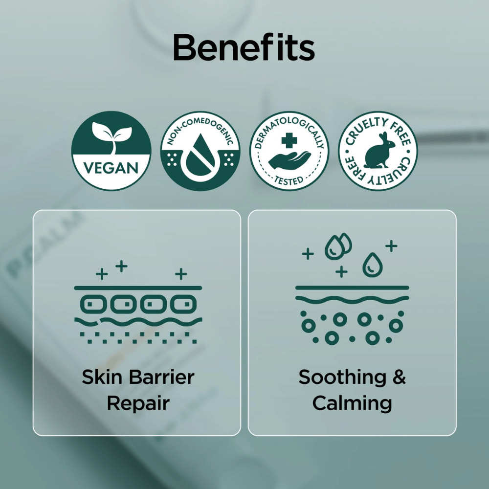 Grafisk översiktsbild som lyfter produktens fördelar såsom vegansk formula, non-comedogenic, dermatologiskt testad och cruelty-free. Fokus ligger på hudbarriärreparation samt lugnande effekt för känslig hud.