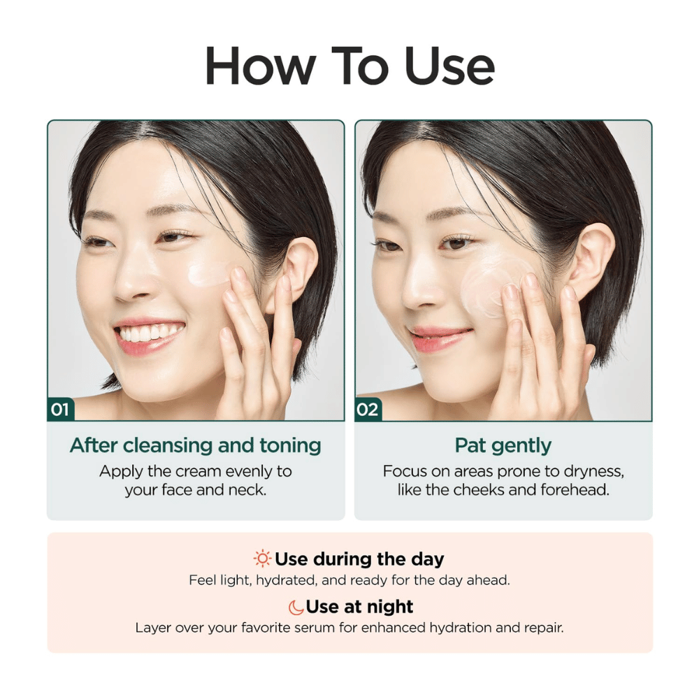 Instruktionsbild som visar hur P.CALM Cato Cream används efter rengöring och toner. En modell applicerar krämen på kinderna och produkten rekommenderas både dag och natt för återfuktning och hudbarriärvård.