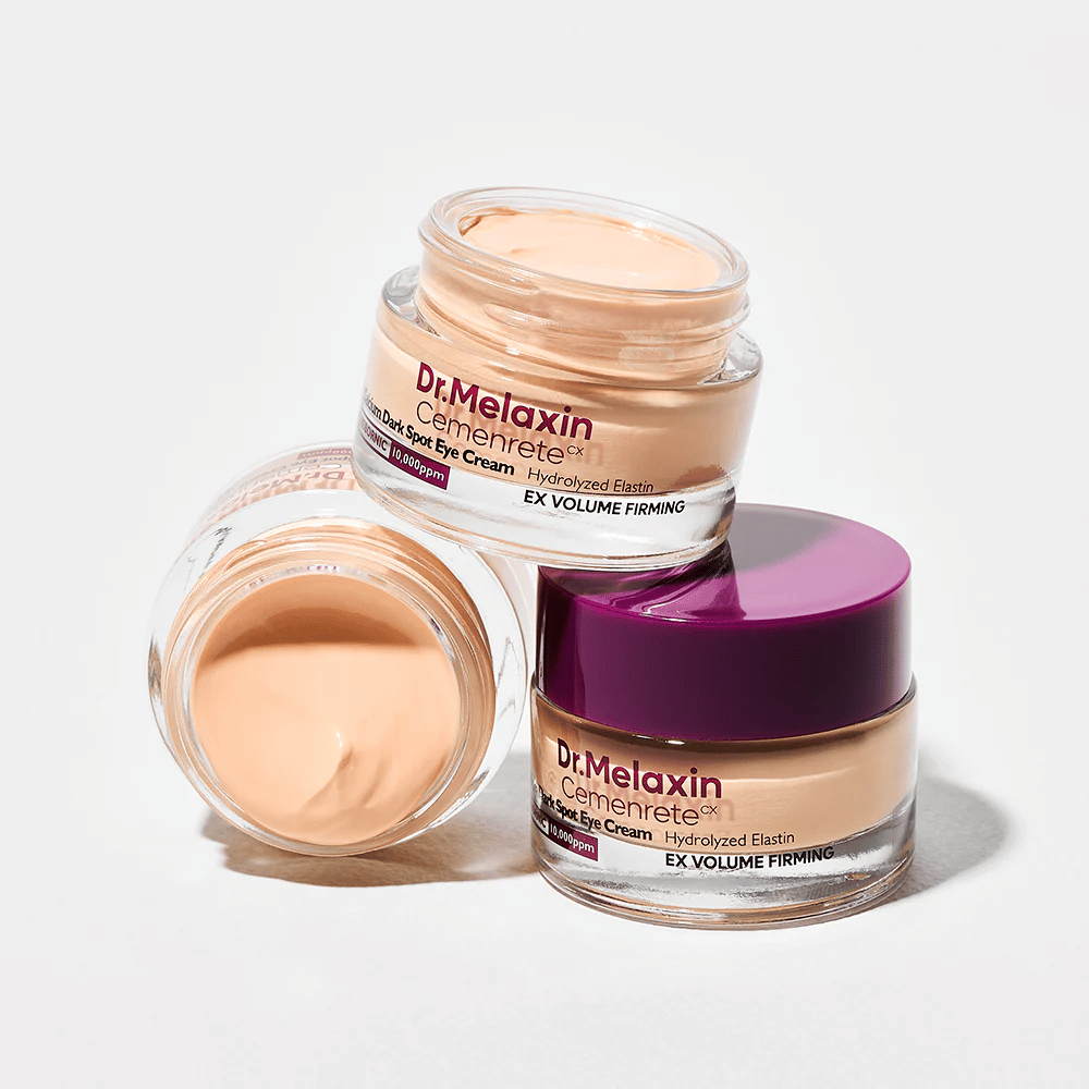 Dr.Melaxin Cemenrete Eye Cream i flera vinklar, koreansk ögonkräm mot mörka fläckar och fina linjer med volymgivande och uppstramande effekt.