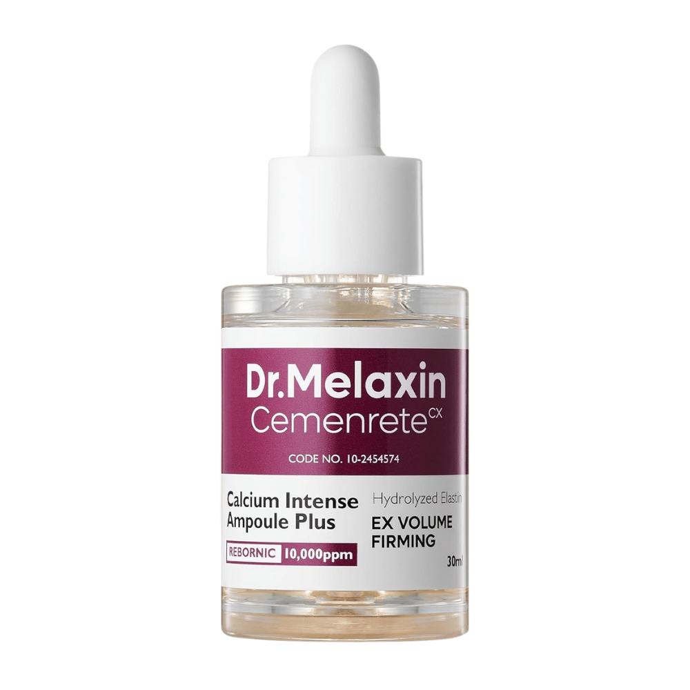 Produktbild av Dr. Melaxin Cemenrete Calcium Intense Ampoule Plus i glasflaska med pipett, en koreansk anti-aging-ampull som stärker hudens struktur och spänst.