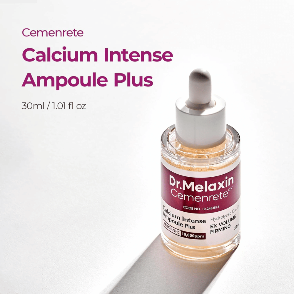Dr. Melaxin Cemenrete Calcium Intense Ampoule Plus 30 ml, en intensiv ampull för fasthet och volym med hydrolyserad elastin och REBORNIC-komplex.