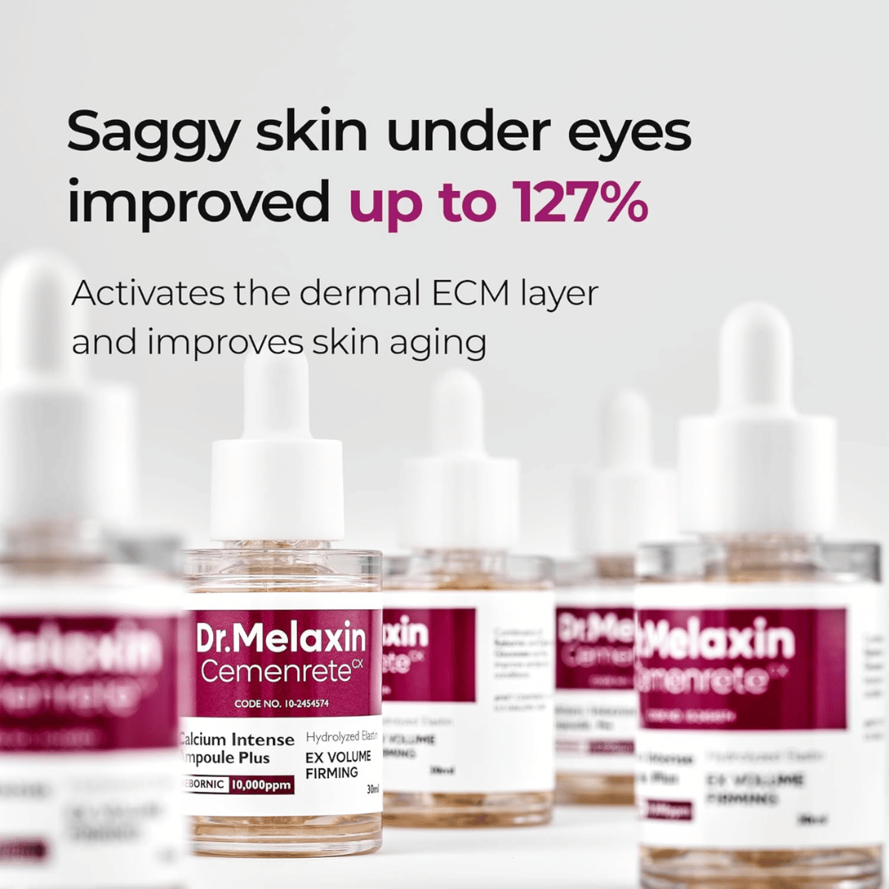 Dr. Melaxin Cemenrete Calcium Intense Ampoule Plus visas med fokus på förbättring av slapp hud under ögonen, som aktiverar hudens ECM-lager och stödjer anti-aging.