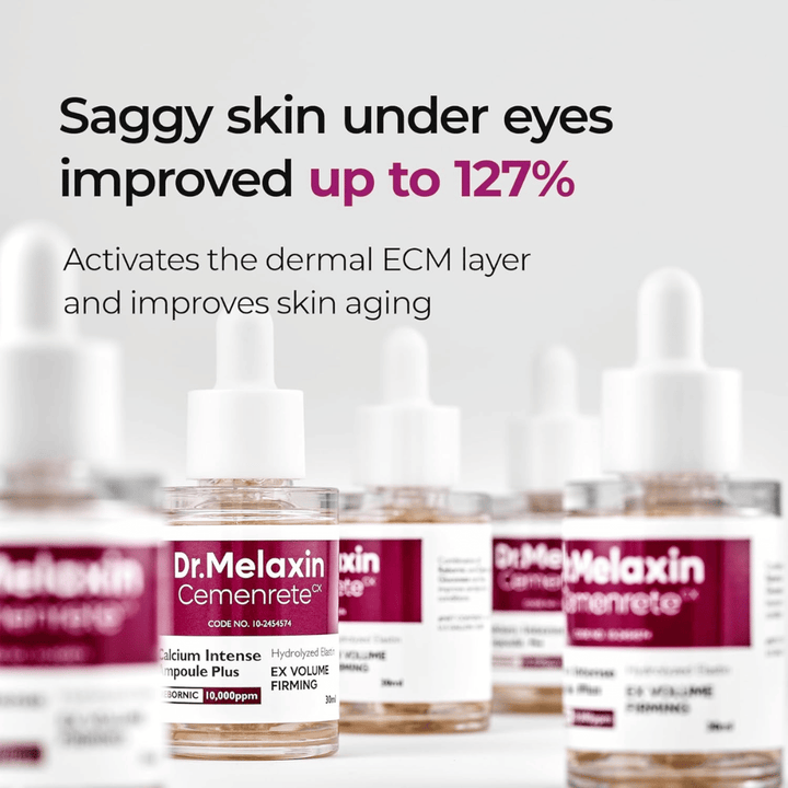 Dr. Melaxin Cemenrete Calcium Intense Ampoule Plus visas med fokus på förbättring av slapp hud under ögonen, som aktiverar hudens ECM-lager och stödjer anti-aging.