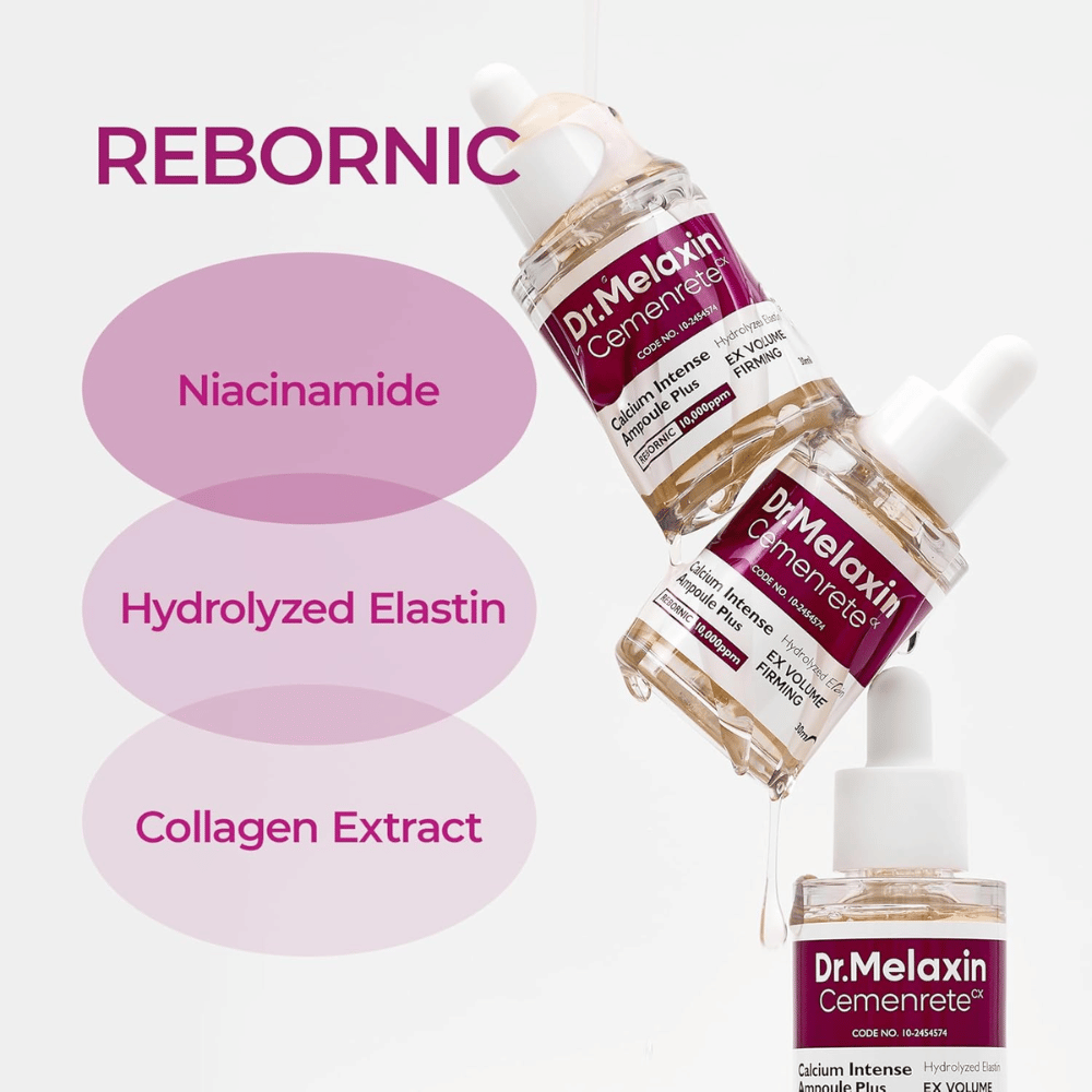 Dr. Melaxin Cemenrete Calcium Intense Ampoule Plus med niacinamid, hydrolyserad elastin och kollagenextrakt, utvecklad för fastare hud och förbättrad elasticitet.