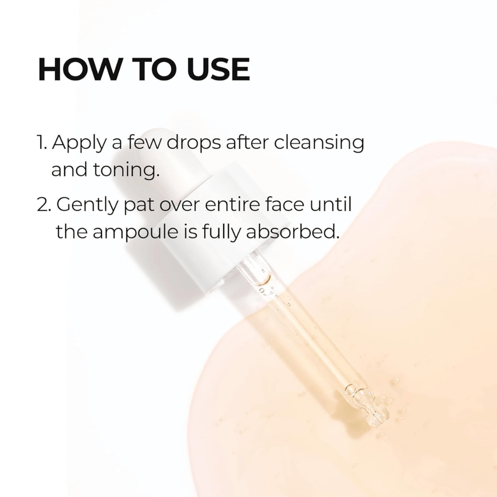 Instruktionsbild som visar hur Dr. Melaxin Cemenrete Calcium Intense Ampoule Plus appliceras efter rengöring och toner, genom att klappas in i huden tills den är helt absorberad.