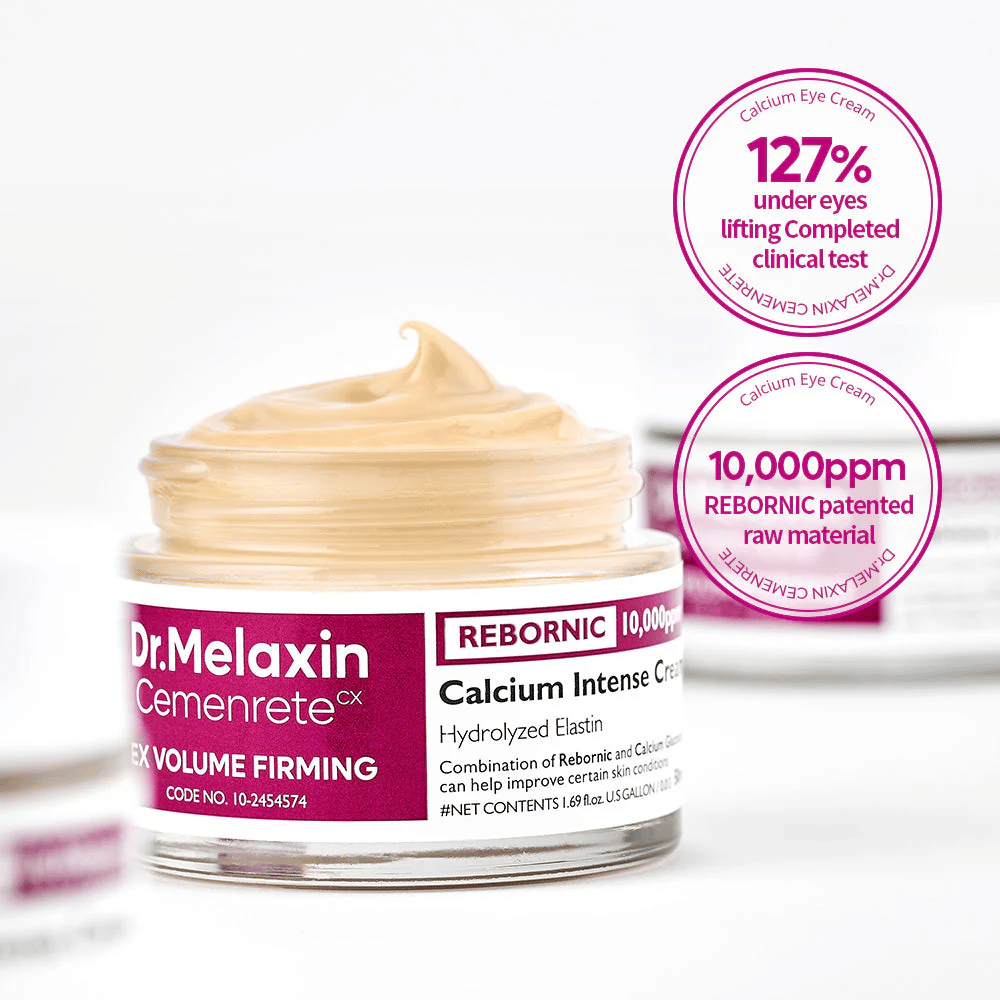 Dr.Melaxin Cemenrete Calcium Intense Cream med kliniska markörer, visar 10 000 ppm Rebornic och resultat från tester för uppstramning och volymgivande effekt.