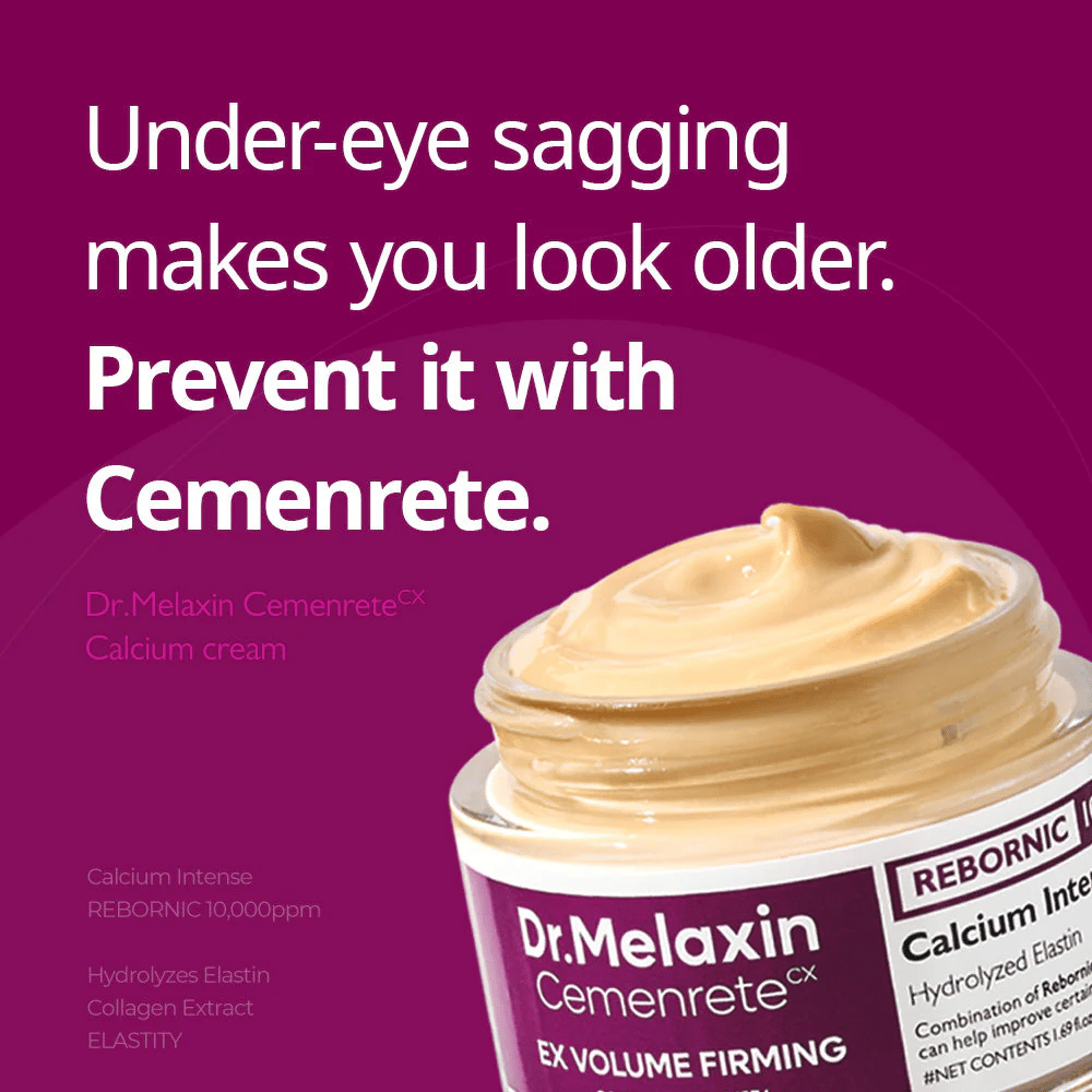 Dr.Melaxin Cemenrete Calcium Intense Cream med textbudskap om uppstramning under ögonen, illustrerar krämens fokus på fasthet, volym och förebyggande av slapp hud.