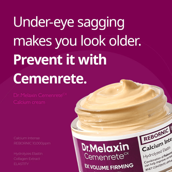 Dr.Melaxin Cemenrete Calcium Intense Cream med textbudskap om uppstramning under ögonen, illustrerar krämens fokus på fasthet, volym och förebyggande av slapp hud.