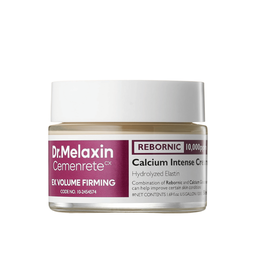 Dr.Melaxin Cemenrete Calcium Intense Cream i burk mot vit bakgrund, ansiktskräm med calcium, Rebornic och hydrolyserat elastin för fastare och fylligare hud.
