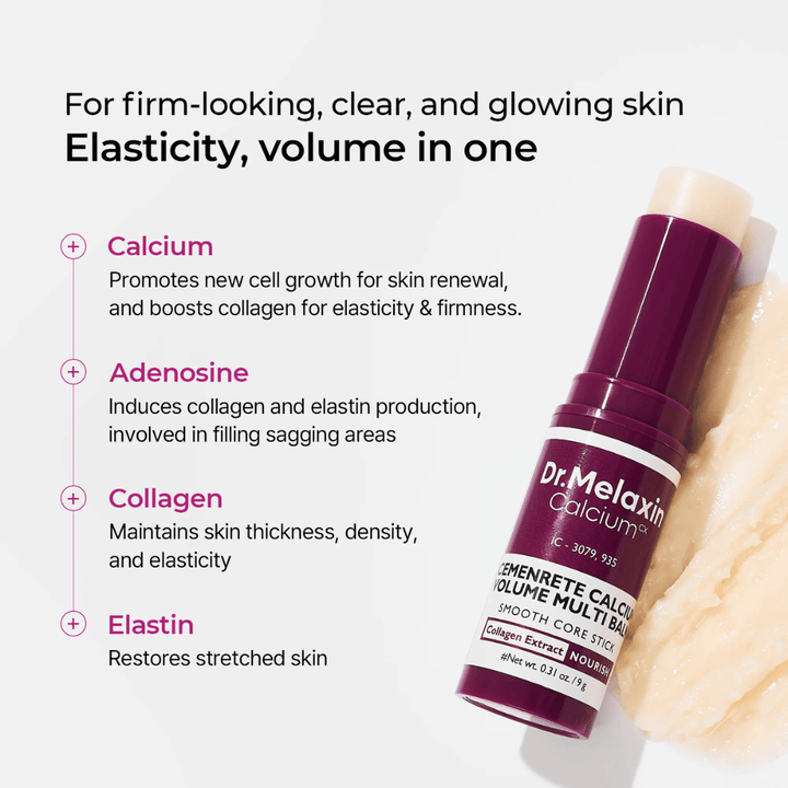 Dr. Melaxin Cemenrete Calcium Volume Multi Balm med kalcium, adenosin, kollagen och elastin för ökad elasticitet, fastare hud och förbättrad hudstruktur.