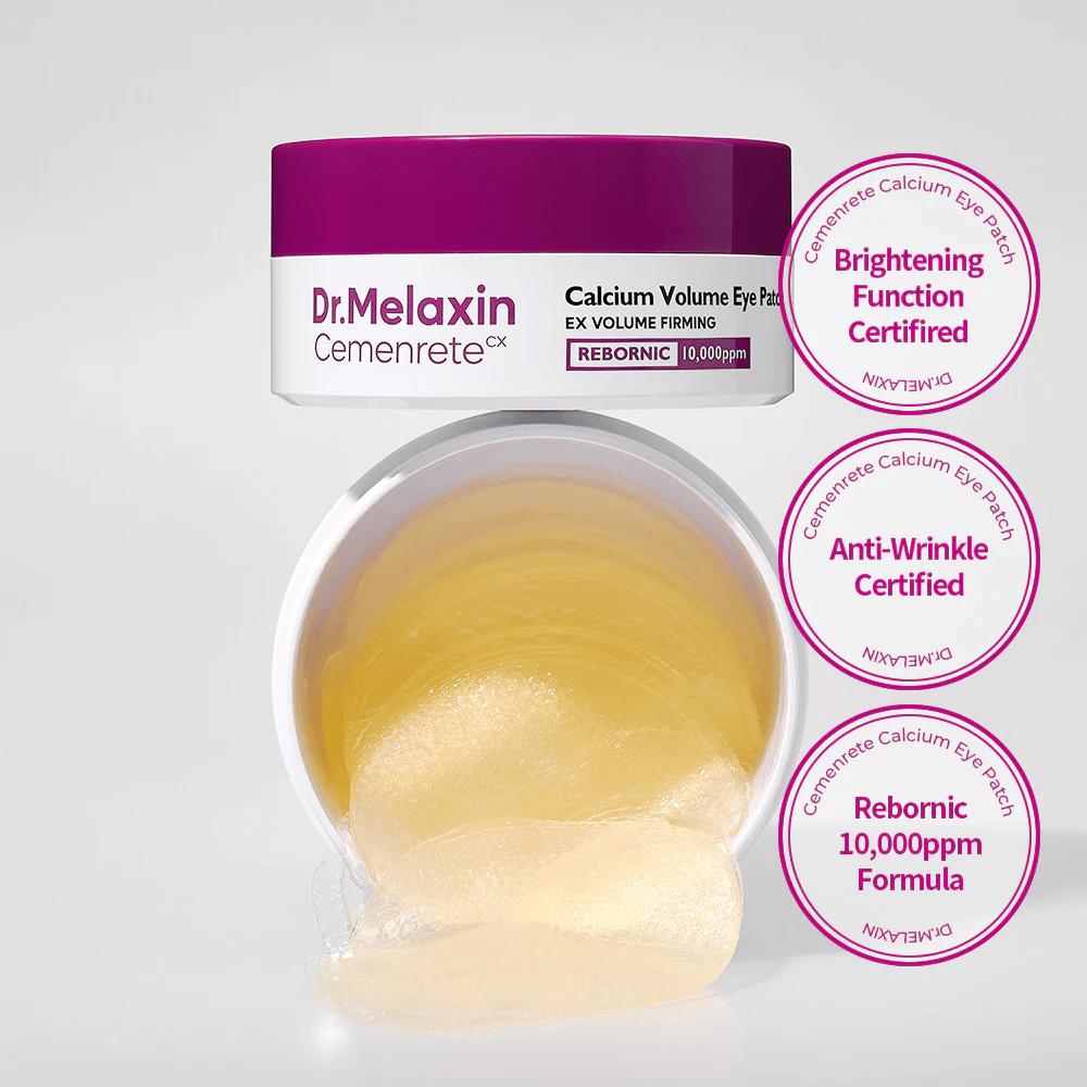 Öppen burk med hydrogelögonpatcher från Dr. Melaxin Cemenrete Calcium Volume Eye Patch med Rebornic 10 000 ppm, certifierad för anti-rynka och uppljusande effekt.