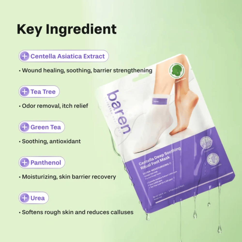 3. Baren Centella Deep Soothing Ritual Foot Mask – viktiga ingredienser som centella asiatica, tea tree, grönt te, panthenol och urea
