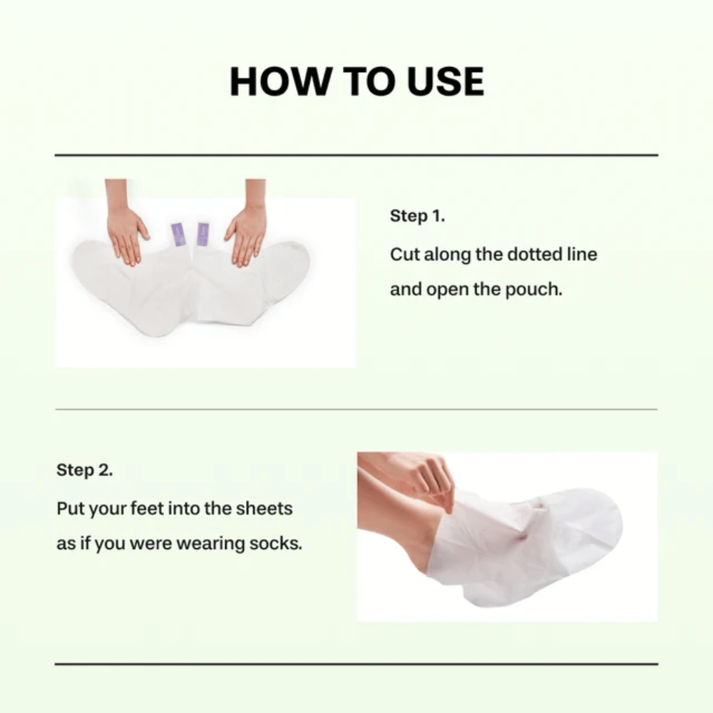 2. Baren Centella Deep Soothing Ritual Foot Mask – steg 1 och 2 som visar hur förpackningen öppnas och fotmaskerna sätts på som strumpor