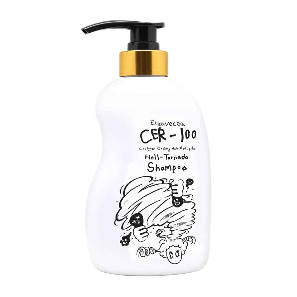 Produktbild av Elizavecca CER-100 Collagen Coating Hair A+ Muscle Helltornado Shampoo på vit bakgrund. Förpackningen visas tydligt med pumpflaska och den karakteristiska illustration som kännetecknar serien.