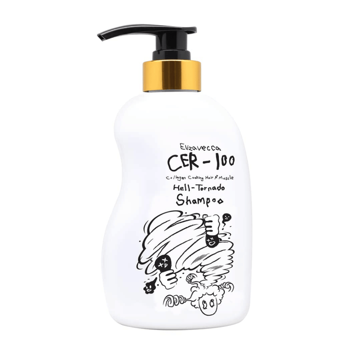 Produktbild av Elizavecca CER-100 Collagen Coating Hair A+ Muscle Helltornado Shampoo på vit bakgrund. Förpackningen visas tydligt med pumpflaska och den karakteristiska illustration som kännetecknar serien.
