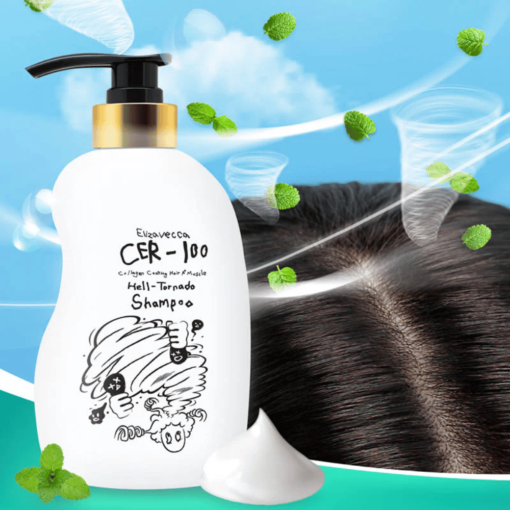 Elizavecca CER-100 Collagen Coating Hair A+ Muscle Helltornado Shampoo visas framför en närbild av hårbotten. Virvlande vindar och mintblad illustrerar en uppfriskande, kylande känsla och fokus på hårbottenvård.