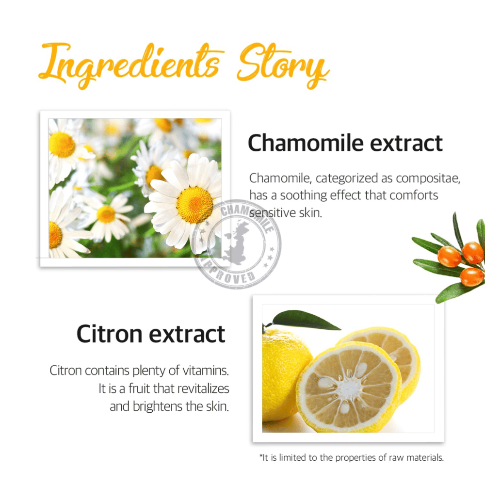 Informationsbild om ingredienserna kamomillextrakt och citronextrakt. Bilden beskriver lugnande, uppfriskande och lystergivande egenskaper för känslig och trött hud.