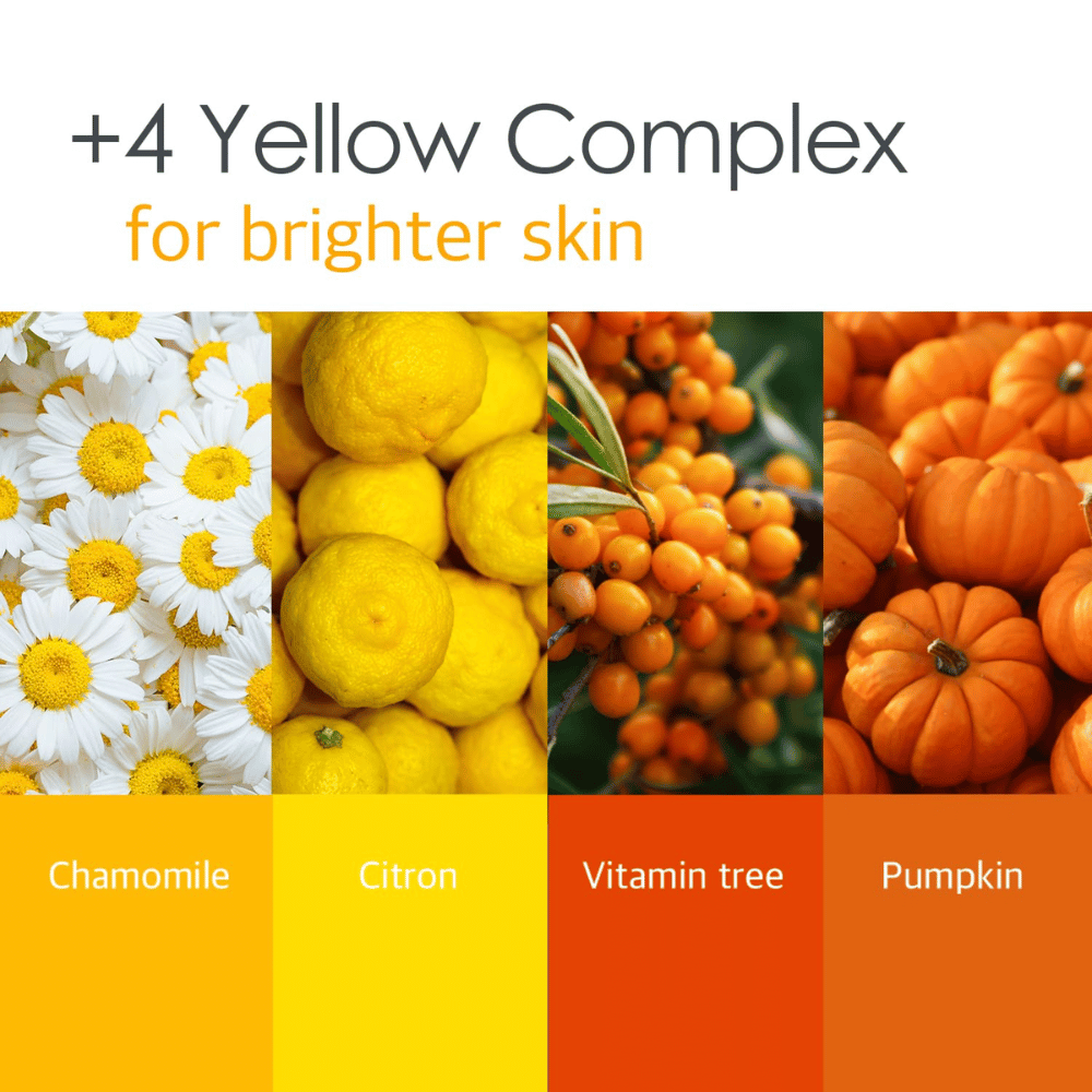 Informationsbild om “4 Yellow Complex” med ingredienser som kamomill, citron, vitamin tree och pumpa. Fokus ligger på klarare hudton och lystergivande egenskaper.