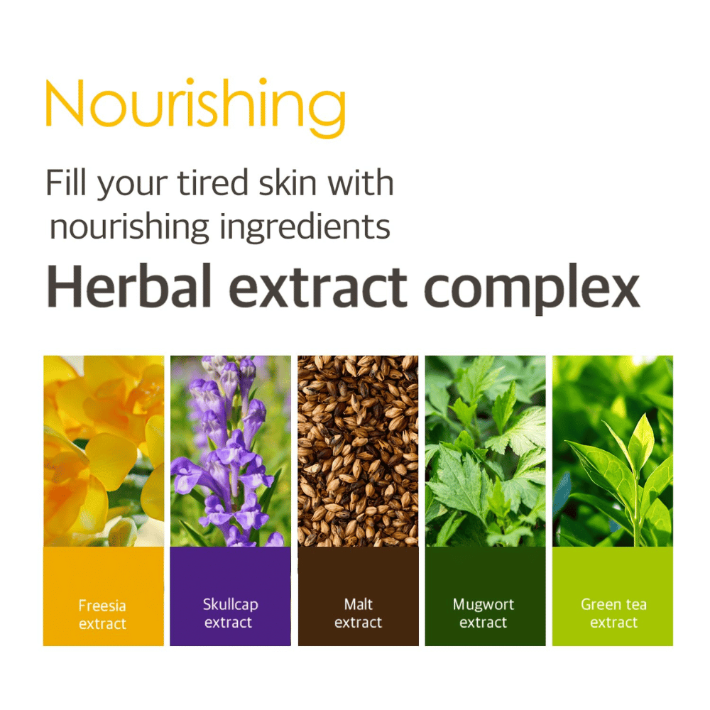 Informationsbild om Herbal Extract Complex med växtextrakt från bland annat freesia, skullcap, malt, mugwort och grönt te som hjälper till att ge näring och vård åt trött hud.