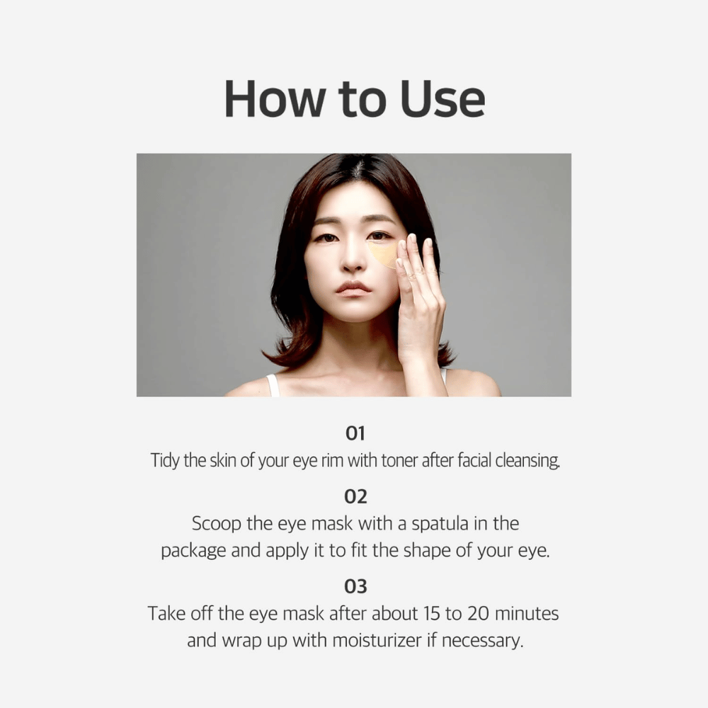 Instruktionsbild som visar hur Chamomile Lightening Hydrogel Eye Mask används efter rengöring och toner. Guiden beskriver applicering, verkningstid och avslutande återfuktning runt ögonen.