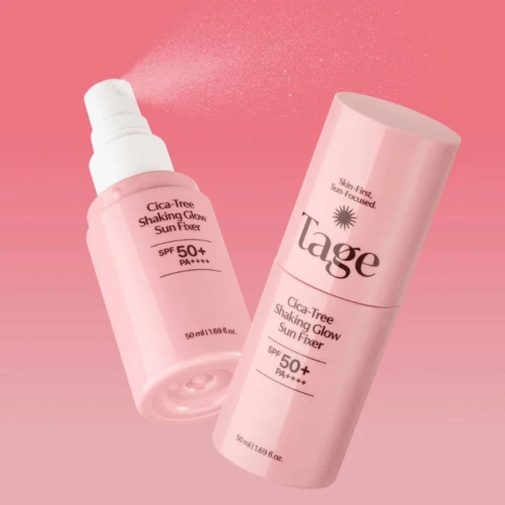 TAGE Cica-Tree Shaking Glow Sun Fixer SPF50+ PA++++ – återfuktande solskyddsspray med glow