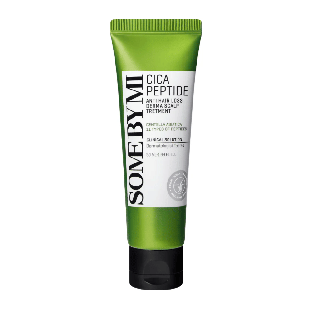 SOME BY MI Cica Peptide Anti Hair Loss Derma Scalp Treatment i grön och vit tub med svart lock, produkt mot håravfall och för hårbottenvård.