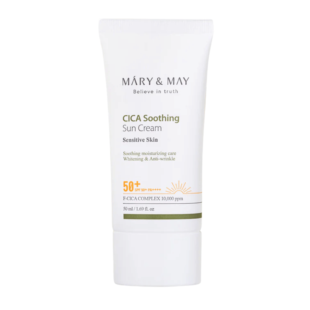 Ren produktbild av Mary&May CICA Soothing Sun Cream SPF50+ PA++++ mot vit bakgrund. Bilden visar förpackningens design och framhäver solskyddets höga skyddsnivå för daglig användning.