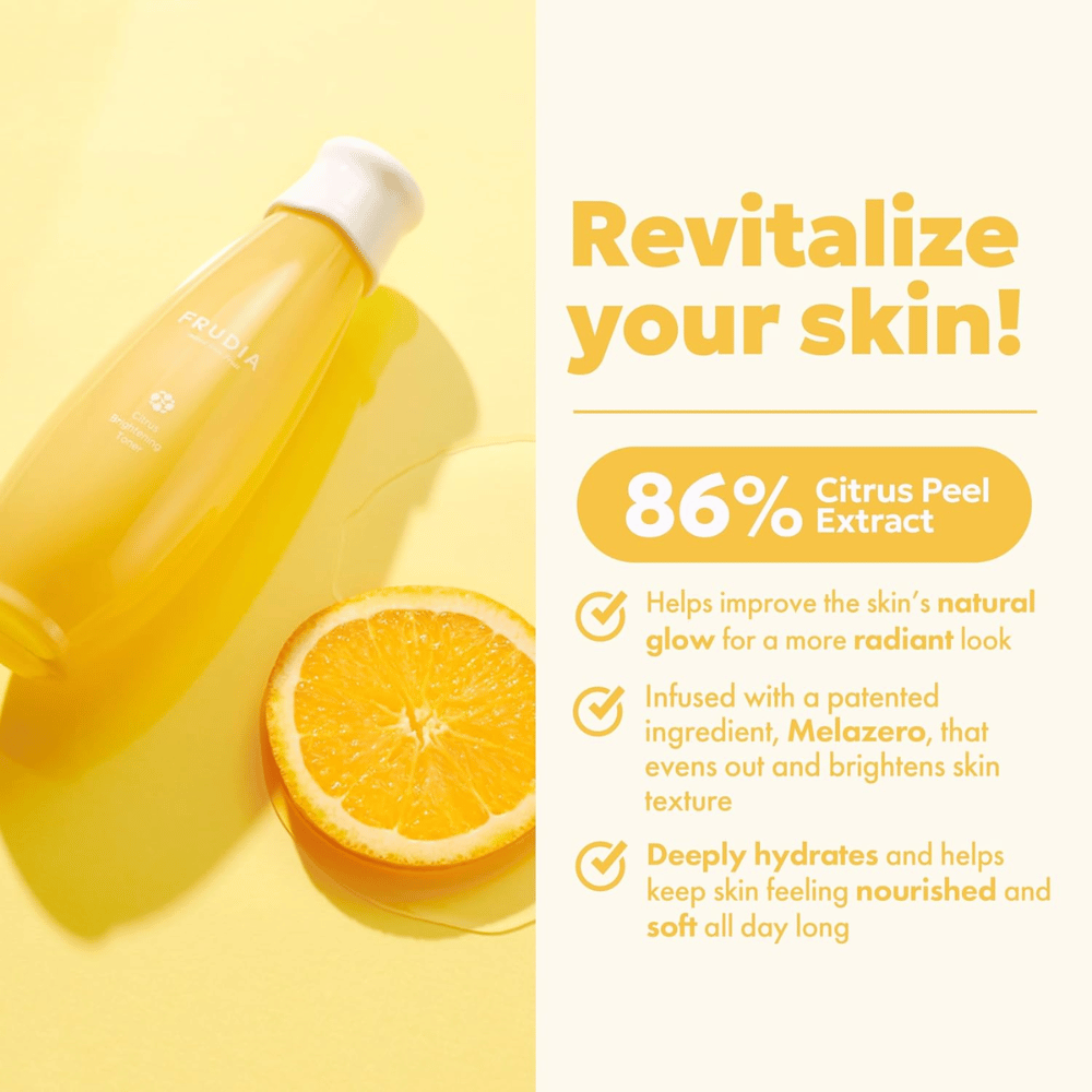 FRUDIA Citrus Brightening Toner med 86 % citrus peel extract – återfuktande och lystergivande toner som förbättrar hudens naturliga glow och ger mjuk, strålande hud.