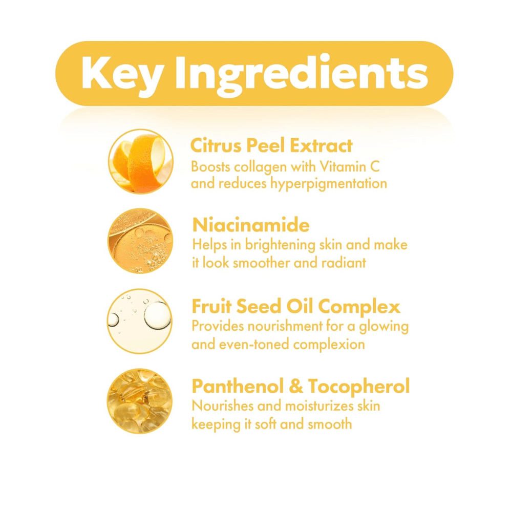 FRUDIA Citrus Brightening Toner – nyckelingredienser som citrus peel extract, niacinamide, fruit seed oil complex samt panthenol och tocopherol för klarare och jämnare hud.