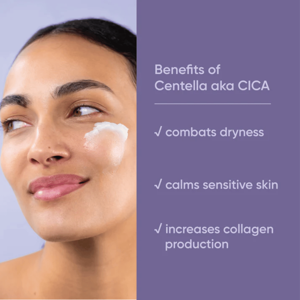 Person som applicerar ansiktskräm, grafik som visar fördelarna med Centella Asiatica (CICA) i Clean It Zero Calming Cleansing Balm för torr, känslig hud och ökad kollagenproduktion.