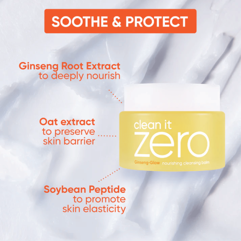 Clean It Zero Ginseng-Glow Cleansing Balm från BANILA CO med ginseng, havreextrakt och sojapeptider, framtagen för att lugna, skydda och stärka hudbarriären samtidigt som makeup och smuts löses upp.