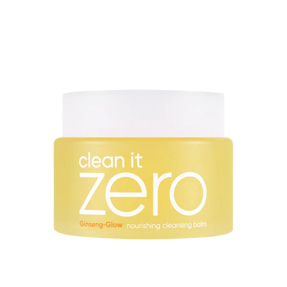 Clean It Zero Ginseng-Glow Nourishing Cleansing Balm i gul burk på vit bakgrund, en återfuktande rengöringsbalm från BANILA CO som effektivt tar bort makeup och orenheter.