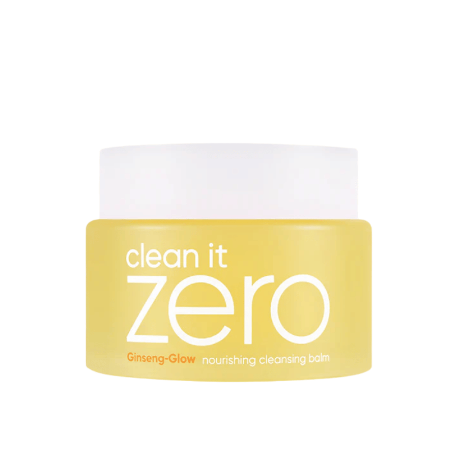 Clean It Zero Ginseng-Glow Nourishing Cleansing Balm i gul burk på vit bakgrund, en återfuktande rengöringsbalm från BANILA CO som effektivt tar bort makeup och orenheter.