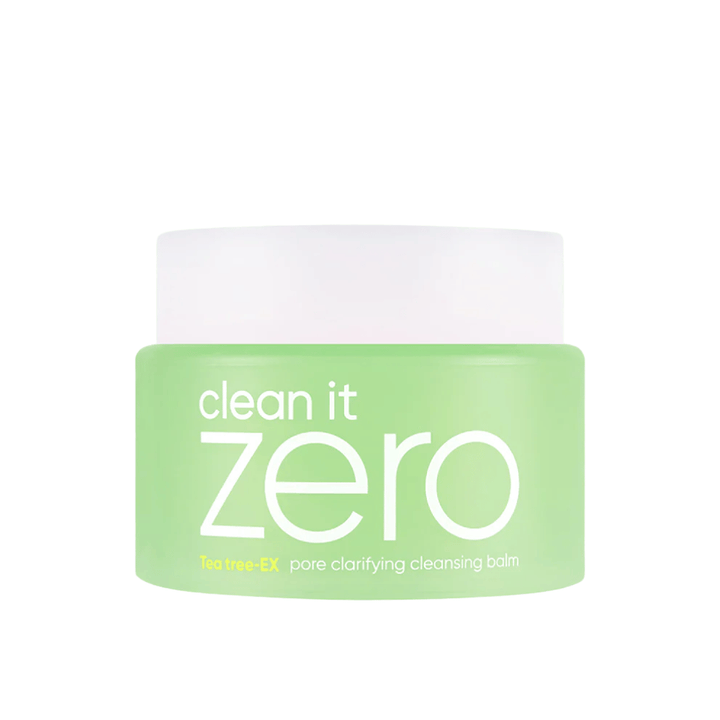 Clean It Zero Tea Tree-EX Pore Clarifying Cleansing Balm i grön burk på vit bakgrund, framtagen för fet och kombinerad hud som behöver balanserande och porrenande rengöring.