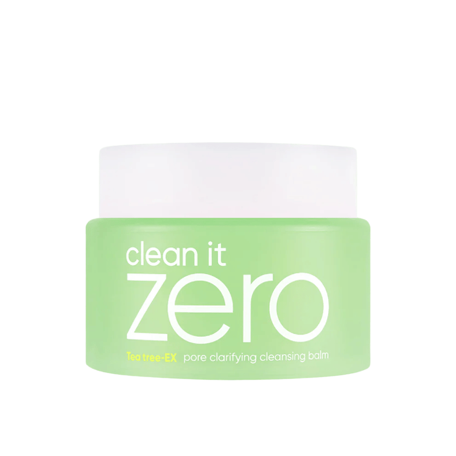 Clean It Zero Tea Tree-EX Pore Clarifying Cleansing Balm i grön burk på vit bakgrund, framtagen för fet och kombinerad hud som behöver balanserande och porrenande rengöring.