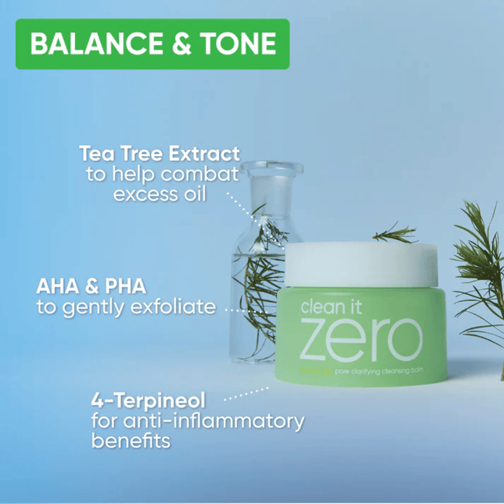 Clean It Zero Pore Clarifying Cleansing Balm med Tea Tree-extrakt, AHA och PHA som balanserar huden, reducerar överflödig olja och exfolierar skonsamt för en klarare hudton.