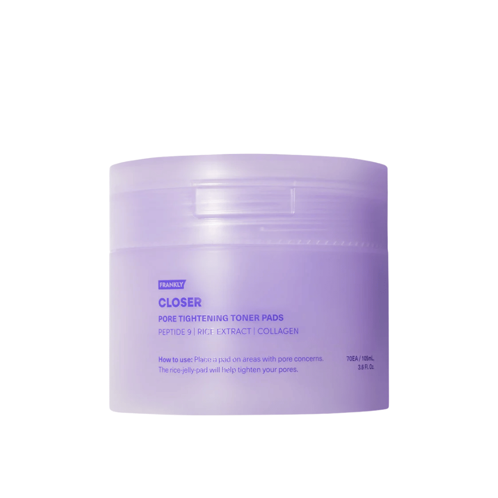 Produktbild av FRANKLY Closer Pore Tightening Toner Pads i lila burk. Toner pads med peptider, risextrakt och kollagen för porförfining.