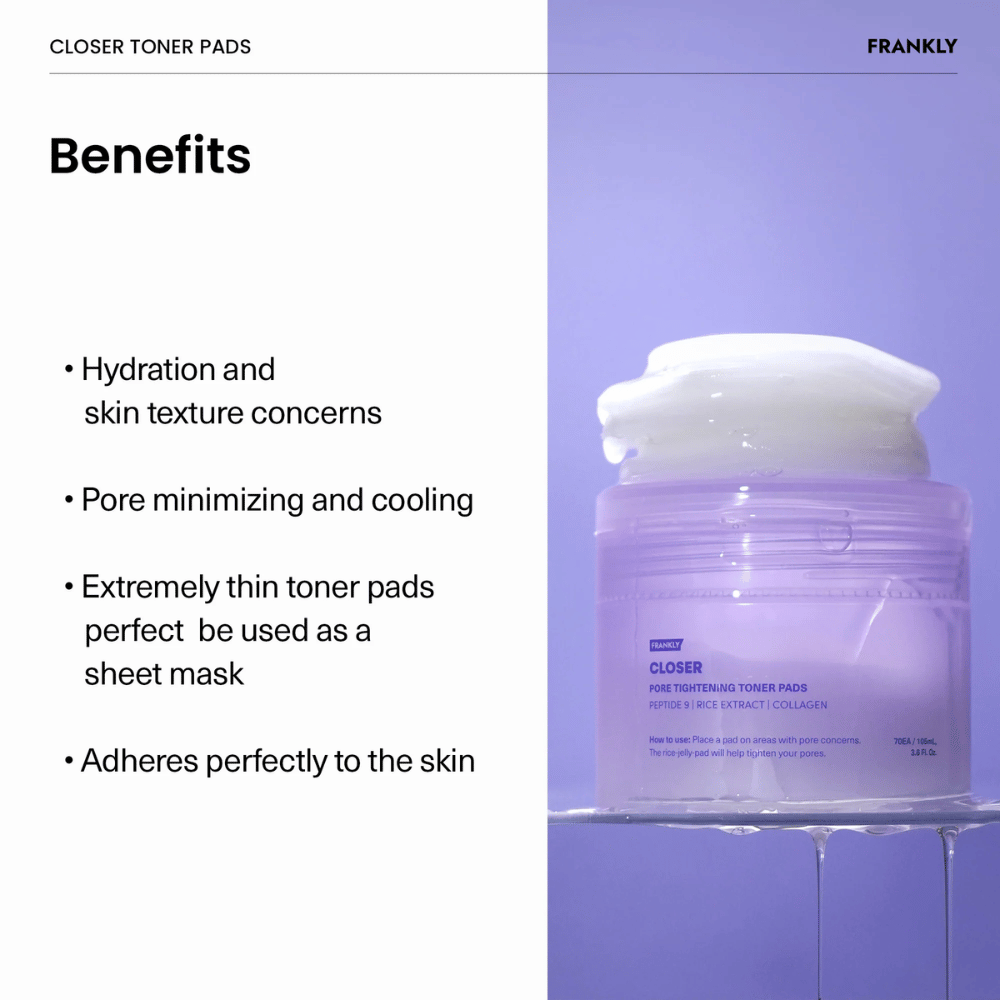 Lila burk med FRANKLY Closer Toner Pads fylld med tunna, återfuktande pads. Text beskriver fördelar som porförminskning och kylande effekt.