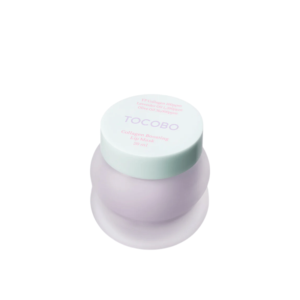 Närbild på stängd burk TOCOBO Collagen Boosting Lip Mask med mintgrönt lock mot vit bakgrund.