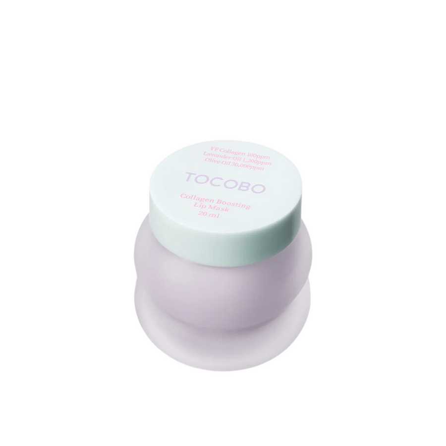Närbild på stängd burk TOCOBO Collagen Boosting Lip Mask med mintgrönt lock mot vit bakgrund.