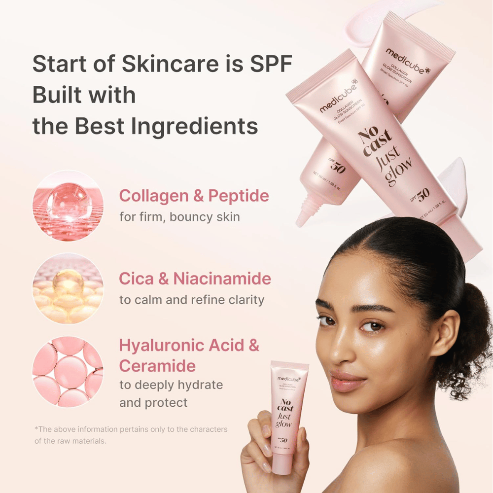 Medicube Collagen Glow Sunscreen SPF 50 med kollagen, peptider, niacinamid och hyaluronsyra. Modell håller upp den rosa solskyddstuben.