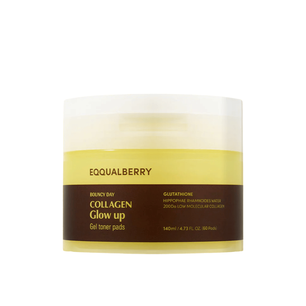Bouncy Day Collagen Glow Up Gel Toner Pads, innehållande låg molekylär kollagen och glutation, för att förbättra hudens elasticitet och ge en ungdomlig glöd. Förpackning med 60 pads.