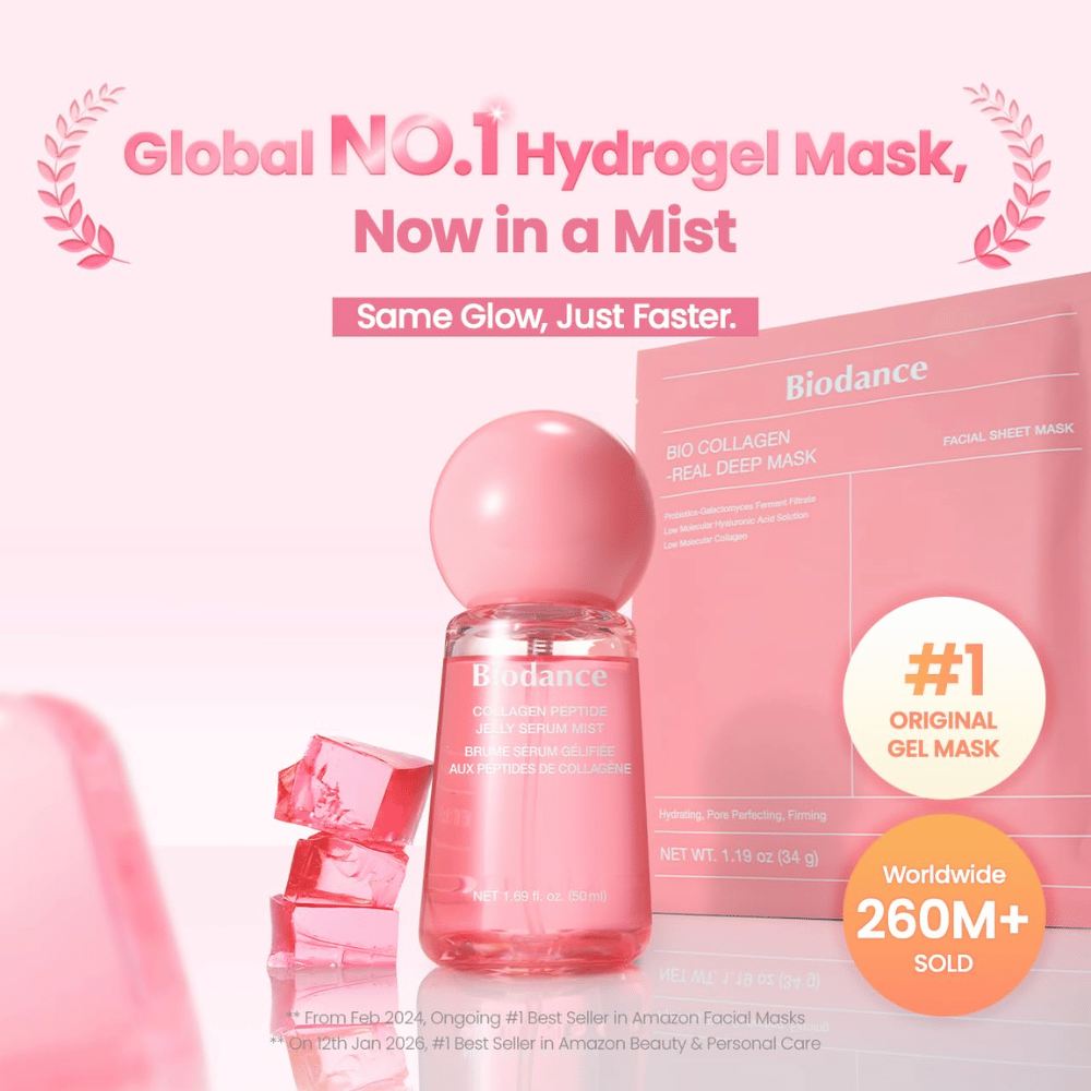 Biodance Collagen Peptide Jelly Serum Mist tillsammans med Biodance Bio-Collagen Real Deep Mask – hydrogelinspirerad hudvård för glow och återfuktning.