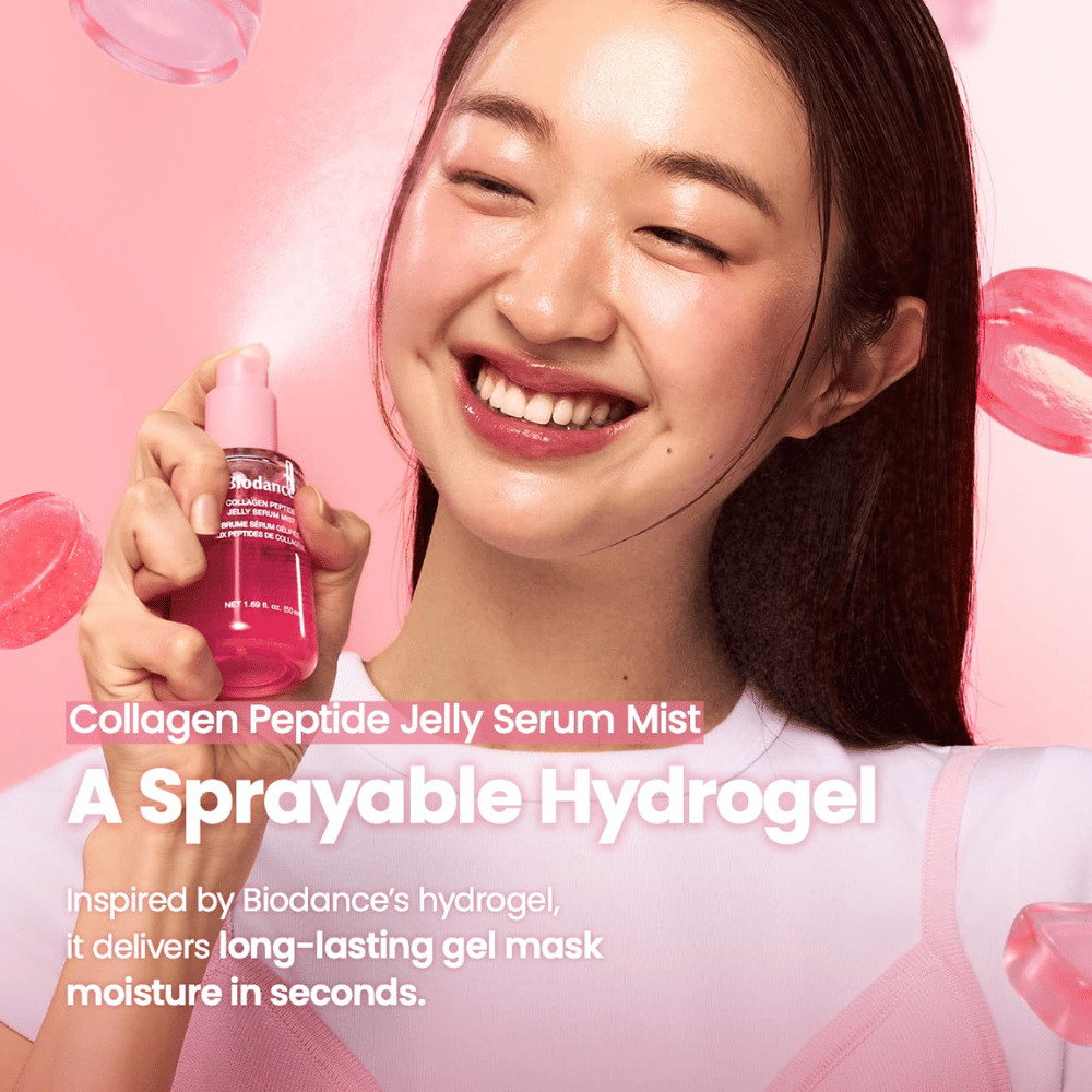 Biodance Collagen Peptide Jelly Serum Mist – spraybar hydrogel-inspirerad ansiktsmist för snabb och långvarig återfuktning.
