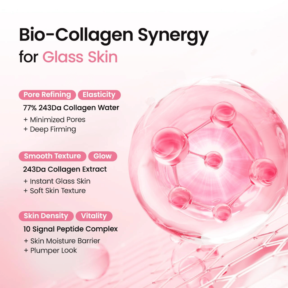 Biodance Collagen Peptide Jelly Serum Mist med 77% kollagenvatten, kollagenextrakt och peptidkomplex för lyster, spänst och återfuktning.