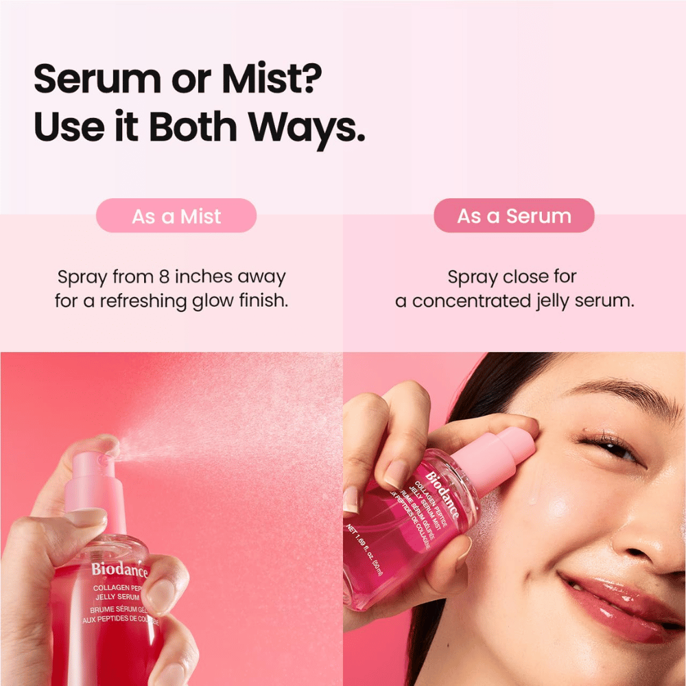 Biodance Collagen Peptide Jelly Serum Mist kan användas både som ansiktsmist och serum för återfuktning och en fräsch, lystergivande finish.