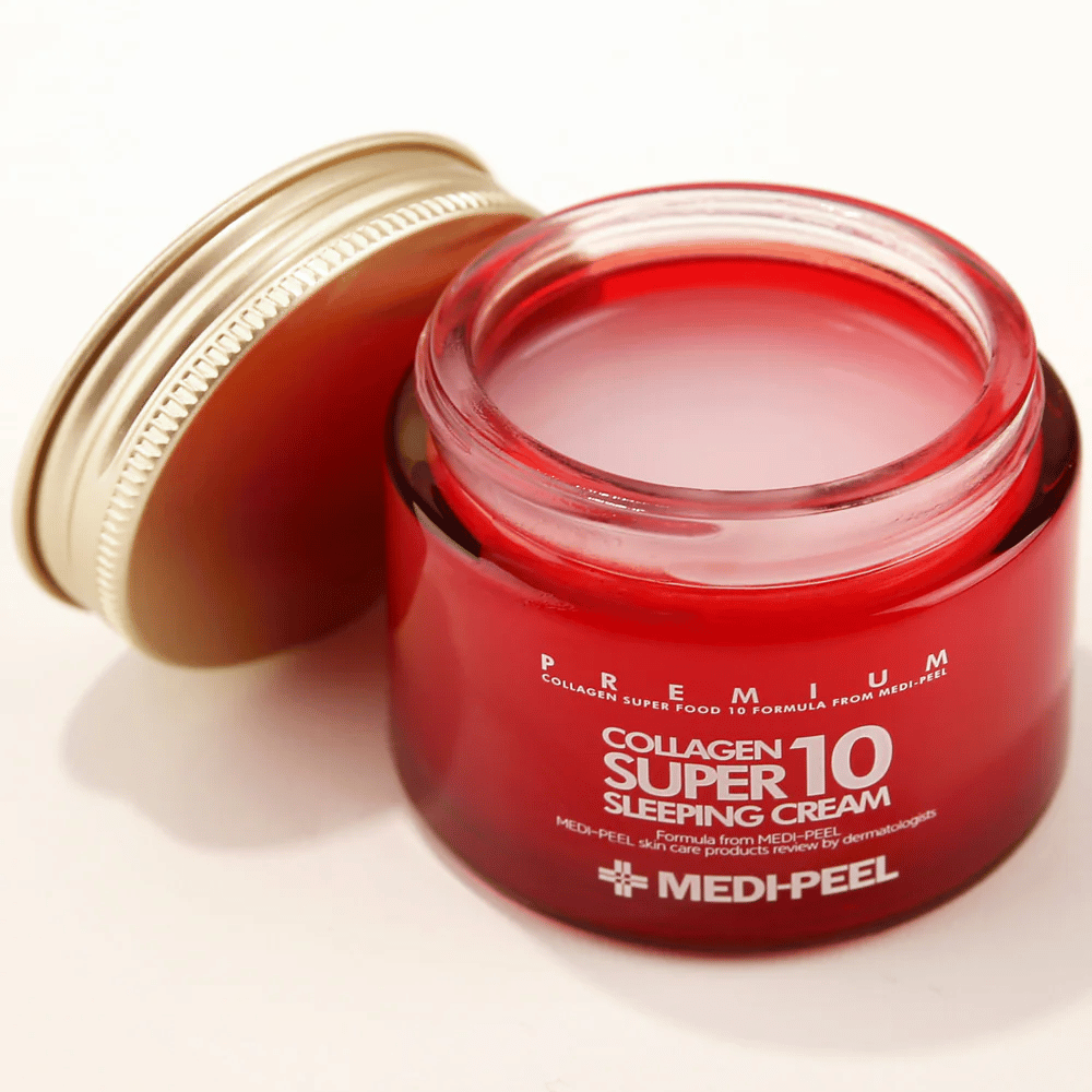 Närbild på MEDI-PEEL Collagen Super 10 Sleeping Cream med gelkräm-textur som absorberas under natten och ger intensiv återfuktning.