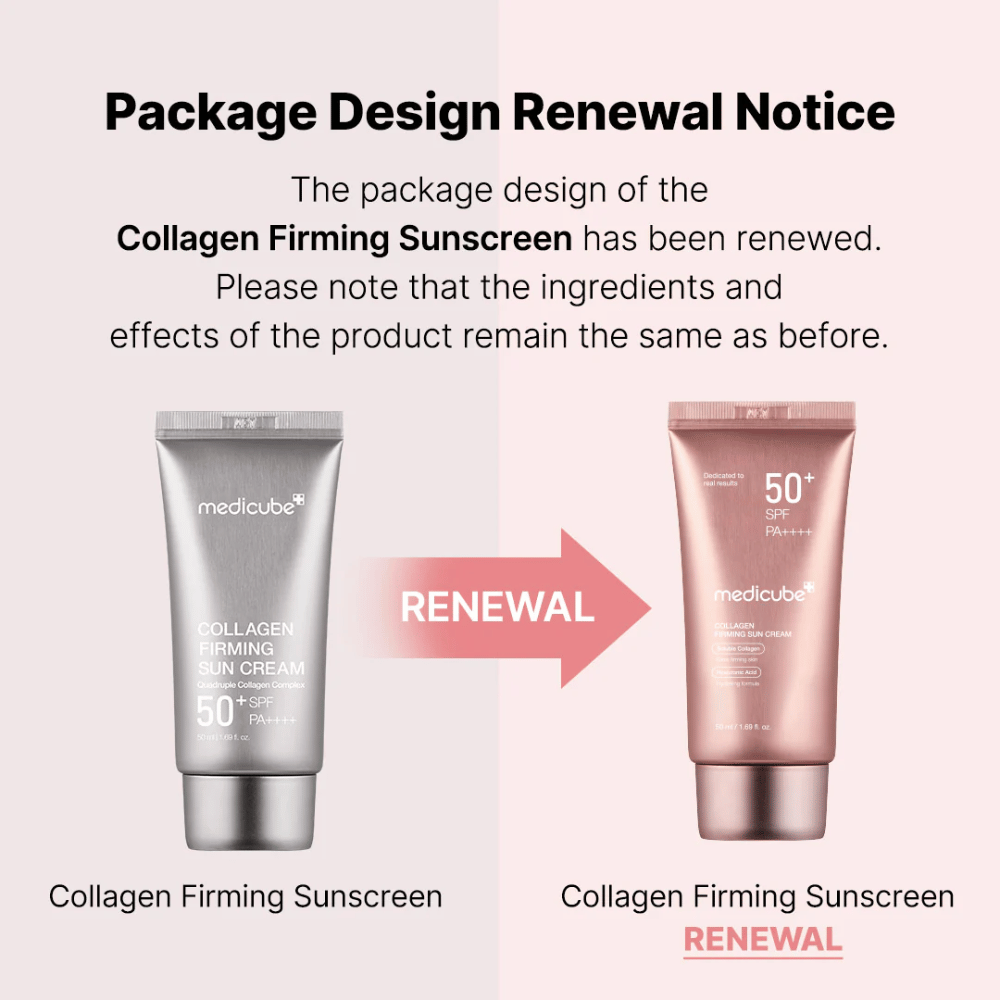 Medicube Collagen Firming Sunscreen har fått ny förpackningsdesign – från silverfärgad tub till roségul, med samma ingredienser och effekt som tidigare.